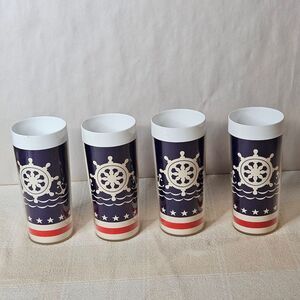 Vintage 70's Thermo-Serv Nautical Red White Blue Plastic Tall Tumblers Set of 4